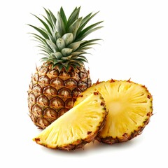 Whole and Sliced Pineapple with Green Leaves