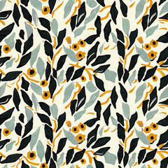 Modern printed fabric wildflower blockprint pattern with linen fabric textures. Stylized hand drawn boho dark florals for decorative design elements in repeatable background tile.