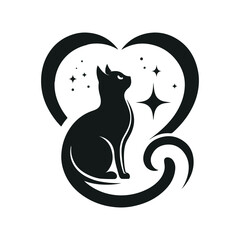 A large heart shape containing the silhouette of a cat sitting and gazing upwards