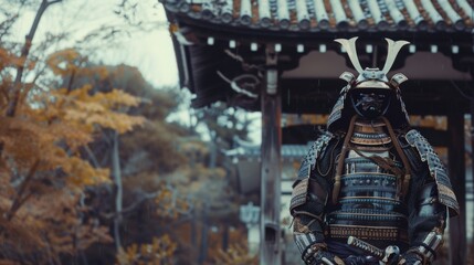 Obraz premium An armored samurai stands resolute before a traditional Japanese temple, surrounded by fall foliage, symbolizing strength and history.