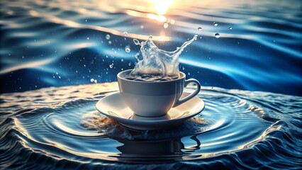 Hot water dances on a cold metal surface, shimmering ripples embracing a serene icon of a cup and saucer, evoking warmth and tranquility in a moody blue-grey haze.