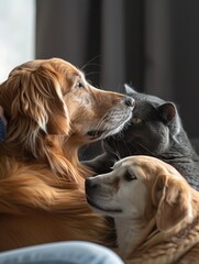 Obraz premium Close-up of a golden retriever, a grey cat, and a tan and white dog cuddling together.