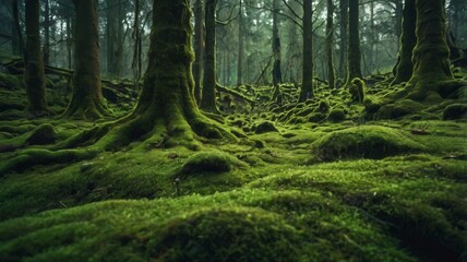 Obraz premium Green moss forest nature texture background. Generative Image