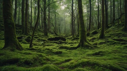 Obraz premium Green moss forest nature texture background. Generative Image