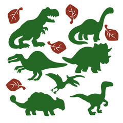 Silhouette Set of Baby Dinosaurs - T-Rex, Triceratops, Pterodactyl, Velociraptor - Vector Art Illustration