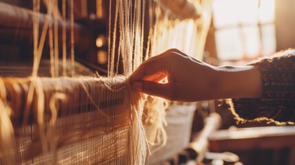 Close-up of a hand weaving threads through a traditional loom, bathed in warm light, showcasing the art of craftsmanship and heritage.