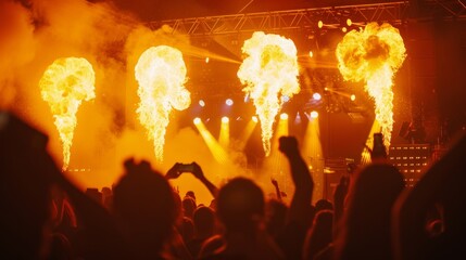 An energetic concert setting ablaze with pyrotechnics, showing silhouettes of a cheering crowd...