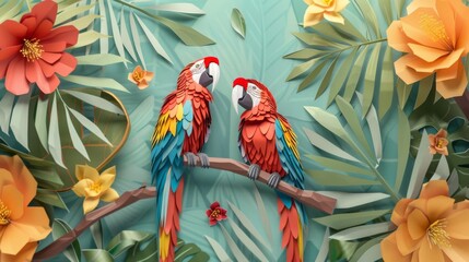 Obraz premium A pair of vibrant, colorful parrots rest on a branch within a lively tropical jungle adorned with lush greenery and bold, bright flowers.