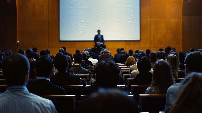 A speaker stands at the front of a large conference room, engaging an attentive audience seated below a large screen.