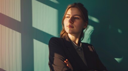 Fototapeta premium A confident woman in a dark blazer stands in front of a teal wall, her poised stance accentuated by dramatic lighting.