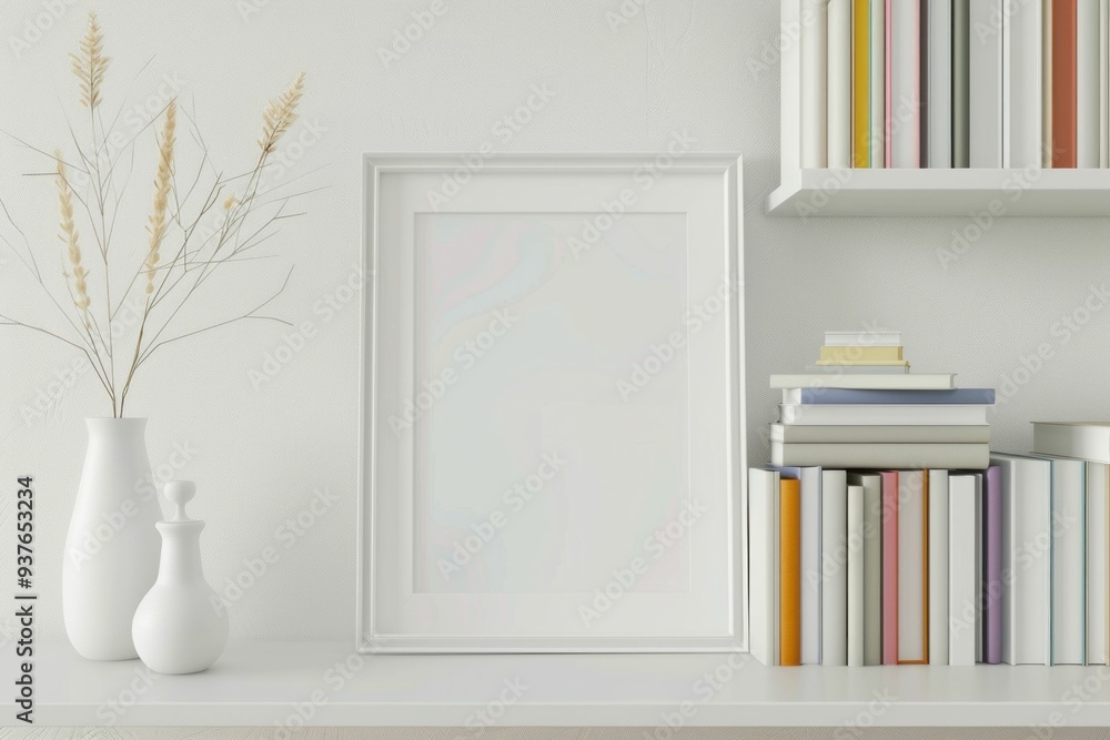 Poster minimalist interior scene with an empty white frame and books on a shelf