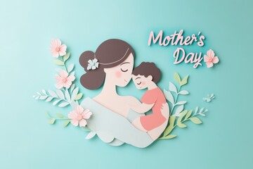 Paper cutout illustration of a mother holding a baby on Mother's Day concept.