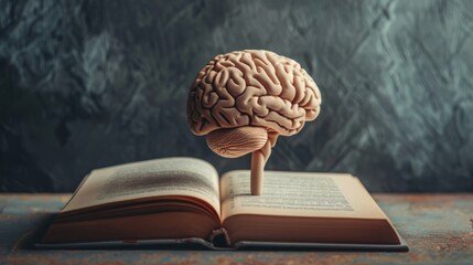 A brain sculpture grows from the spine of an open book, set against a textured dark background, illustrating growth through the pursuit of knowledge.