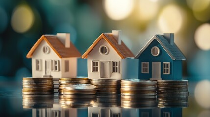 miniature house models placed on stacks of coins. Home insurance concept