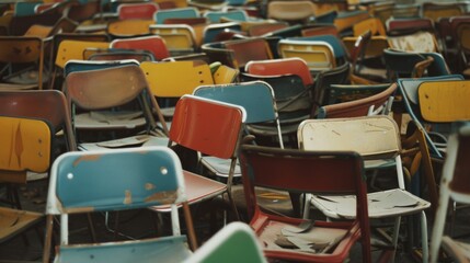 Fototapeta premium A chaotic jumble of empty, worn-out chairs in various colors is scattered haphazardly, creating a sense of disarray and abandonment.