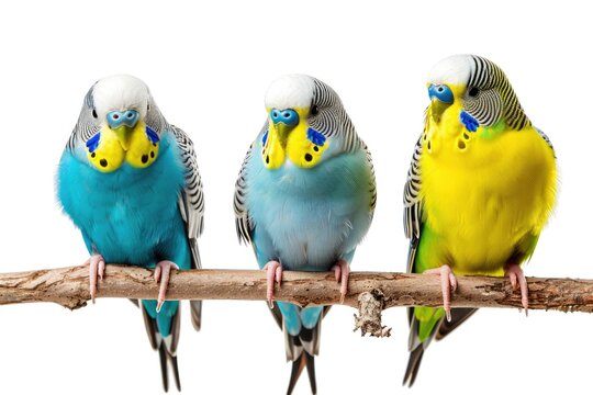 Three colorful parakeets perched on a branch, looking around