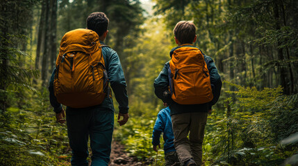 Obraz premium A group hiking through a lush, green forest wearing backpacks, ideal for promoting outdoor activities, adventure trips, family bonding, and nature exploration experiences,