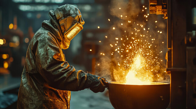 A worker in protective gear handles molten metal, with sparks flying in an industrial foundry setting ideal for themes of industrial work, safety, manufacturing, and engineering,