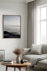 Minimalistic movie poster within a wooden frame as a focal point in a modern room setting  AI generated illustration