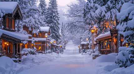 Naklejka premium A picturesque snow-covered village at dusk with glowing streetlights and warmly lit cabins, perfect for winter vacation promotions, holiday cards, and travel guides,