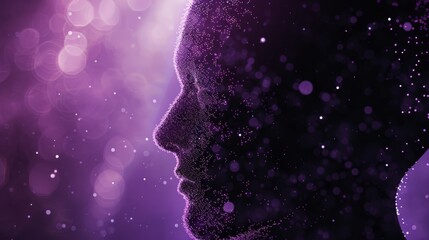 A silhouetted profile of a person enveloped in delicate, glittering particles against a vibrant purple backdrop, creating a sense of mystery and ethereal beauty.