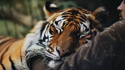Fototapeta premium A tiger rests peacefully with its head nestled against a human arm, portraying a tender moment of trust and connection between human and wild animal.