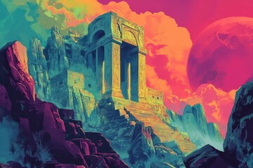Ancient Temple on a Rocky Mountain Landscape Under a Vibrant Sky