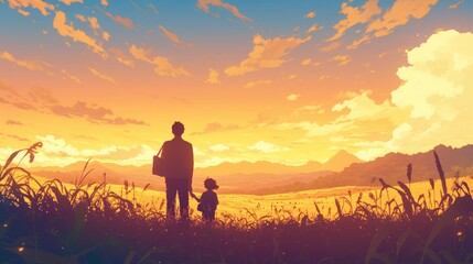 Silhouette of a father and daughter standing in a field, looking at a golden sunset over a mountain range.