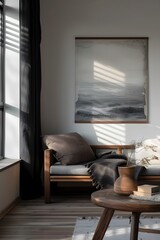 Modern film poster encased in a wooden frame in a minimalist room design  AI generated illustration