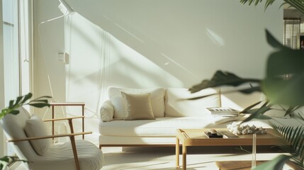 Sunlit minimalistic living space with greenery and soft light, offering a serene and refreshing ambiance filled with natural elements.