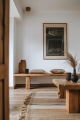 Modern film poster encased in a wooden frame in a minimalist room design   AI generated illustration