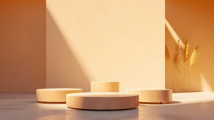 Modern minimalist podium featuring gipsum props under golden light focus   AI generated illustration