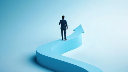 Obraz premium A person walks up the arrow on a light blue background, symbolizing career growth and success