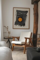 Modern room displaying a minimalistic movie poster residing within a rustic wooden frame  AI generated illustration