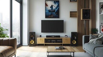 Modern room design featuring a minimalistic cinematic poster inside a wooden frame  AI generated illustration