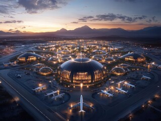 Obraz premium A futuristic aerospace hub emphasizing sustainability and industry advancement, showcasing advanced technologies and eco-friendly practices.