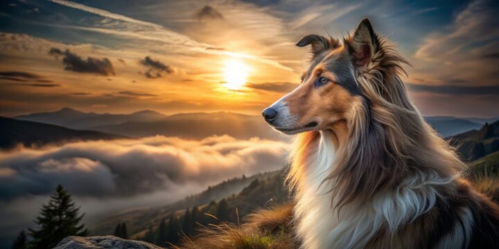 "Misty sunset backlighting highlights wispy fur, moody introspective gaze, earthy tones, textured rugged landscape, and freedom-inspired composition capturing the wild heart of a rough collie mix"