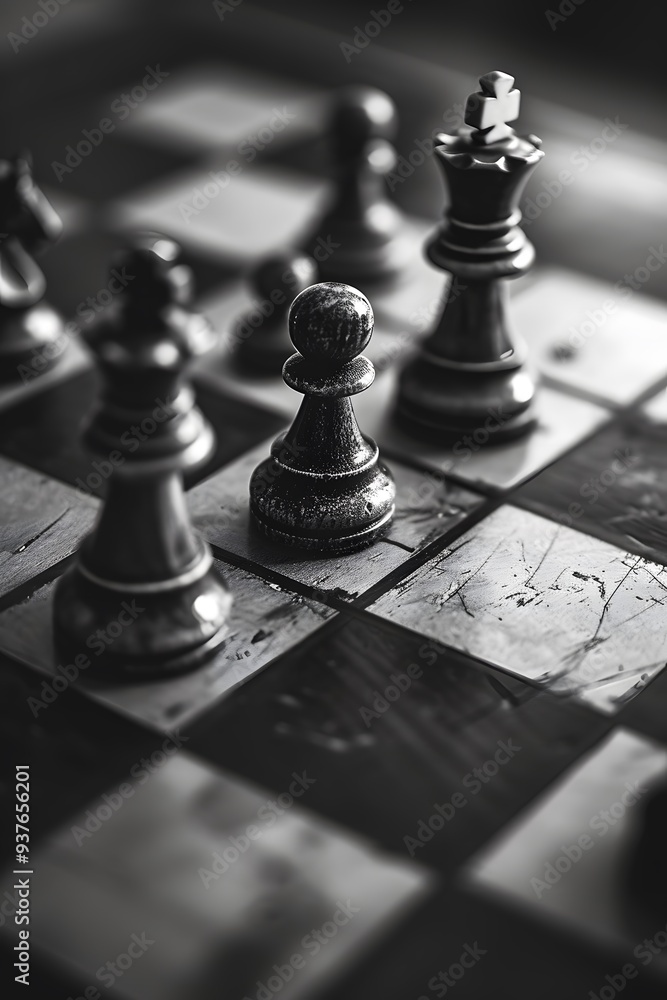 Poster monochrome close up of a flat lay featuring a minimalist setup of a chess game in progress ai genera
