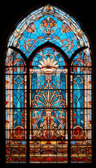 Obraz premium Celestial Blues: A symphony of vibrant blue stained glass illuminates a sacred space, intricate details and divine artistry radiating spiritual tranquility. 