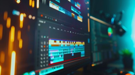 Fototapeta premium Vibrant colors from video editing software fill two large computer screens, reflecting dedication to digital creativity in a sleek, modern workspace.