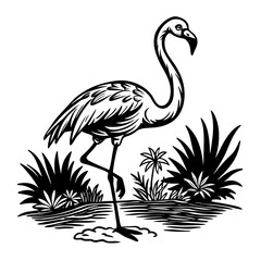 A flamingo standing on one leg near a pond silhouette vector illustration