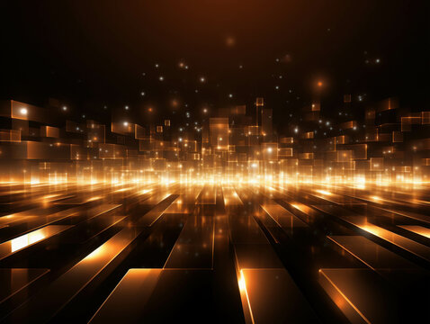 Golden Cityscape: A mesmerizing digital art piece depicting a futuristic cityscape bathed in warm, golden light. The abstract architecture reflects the glow, creating a sense of wonder and technologic