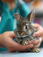 Naklejka premium Closeup of a small brown bunny rabbit held by a person's hands.