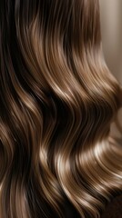 Naklejka premium The soft waves of long brown hair cascade gracefully, illuminated by warm lighting in a cozy indoor space, reflecting the beauty of natural health and shine