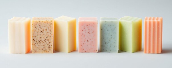 A colorful assortment of handcrafted soap bars arranged neatly, showcasing various textures and soft pastel colors.