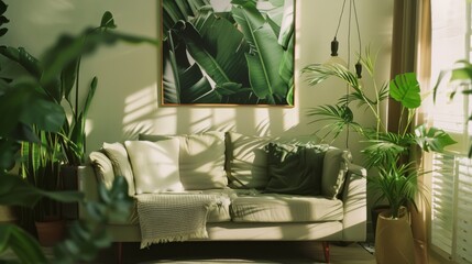 A serene living room bathed in sunlight with a comfortable sofa, adorned with green and beige cushions, surrounded by lush indoor plants.