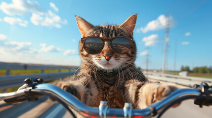 Cool cat in sunglasses rides a bike on the highway