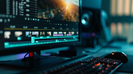 A glowing computer screen displays a video editing timeline in a dimly lit room, conveying the intensity and focus of nighttime creative work.