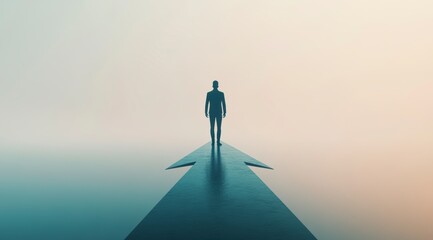 A person walks up the arrow on a light blue background, symbolizing career growth and success