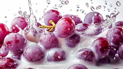 Red Grapes Splashing in Milk with Water Droplets